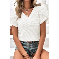 White V Neck Petal Sleeve Waffle Knit T-Shirt