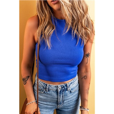 Dark Blue Ribbed Knit Racerback Crop Top