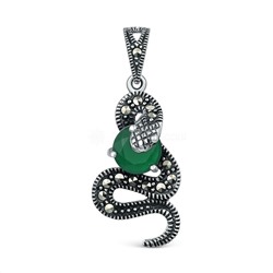 Подвеска змея из чернёного серебра с плавленым кварцем цвета зелёный и марказитами GAP3130з
