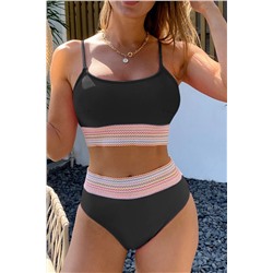 Black Striped Patchwork Spaghetti Strap High Waist Bikini Swimsuit