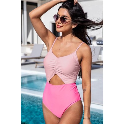 Pink Color Block Cut Out Knotted Backless One Piece Swimsuit