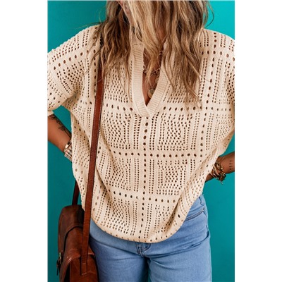 Apricot Turn-down Collar Hollowed Knit Short Sleeve Top