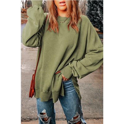 Green Drop Shoulder Ribbed Trim Oversized Sweatshirt