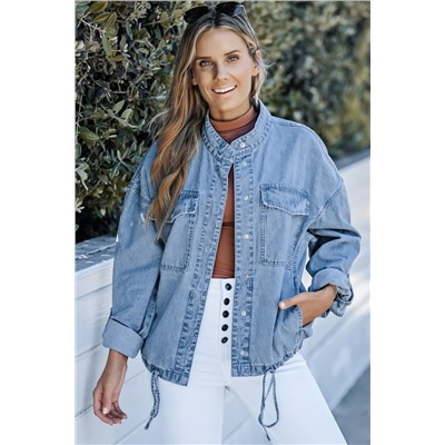 Sky Blue Roll-Up Tab Sleeve Button Down Pocket Denim Jacket