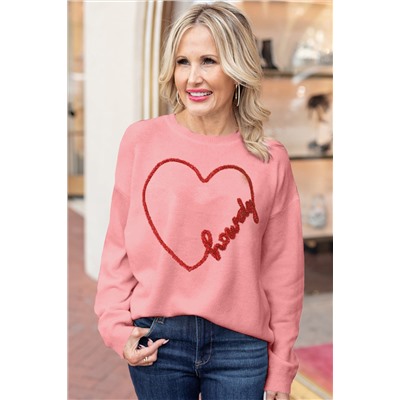 Pink Howdy Heart Graphic Round Neck Casual Sweater