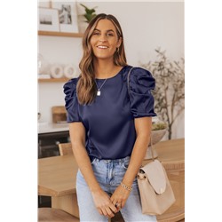 Dark Blue Ruched Puff Short Sleeve Satin Blouse