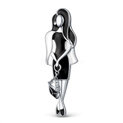 Брошь из серебра с эмалью родированная - Девушка с cумочкой (подвижный элемент)