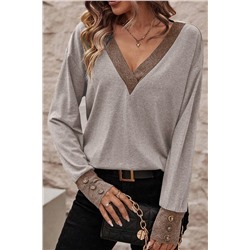 Khaki Contrast V Neck Button Cuffed Long Sleeve Top