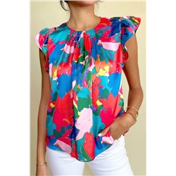 Dark Blue Abstract Print Pleated Neck Flutter Sleeve Blouse