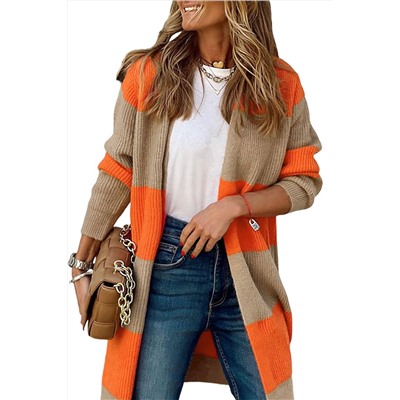 Orange Colorblock Ribbed Knit Cardigan