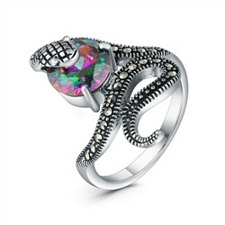 Кольцо змея из чернёного серебра с плавленым кварцем цвета мистик и марказитами