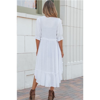 White Half Sleeve Ruffled High Low Kimono