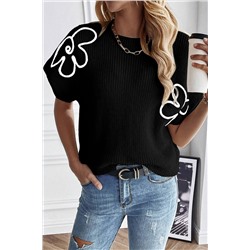 Black Flower Embroidery Sweater Tee