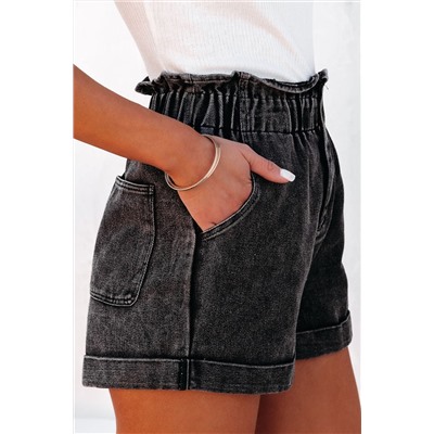 Black Vintage Washed Frilled High Waist Denim Shorts