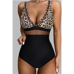 Brown Leopard Mesh Insert V Neck High Waist Monokini