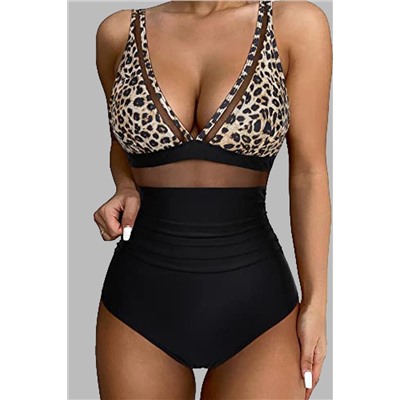 Brown Leopard Mesh Insert V Neck High Waist Monokini