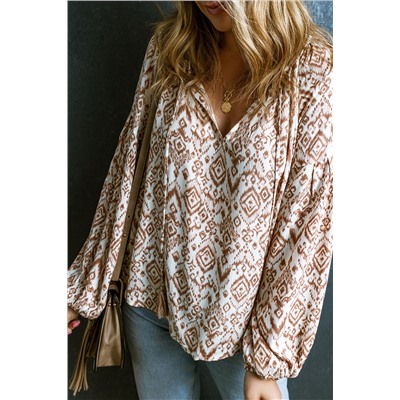 Apricot Western Print Balloon Sleeve Tassel Blouse