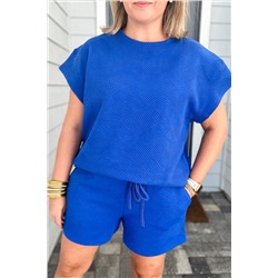 Dark Blue Plus Size Fashion Textured Short 2pcs Outfit