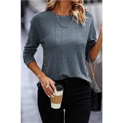 Ashleigh Blue Textured Buttoned Decor Long Sleeve Top