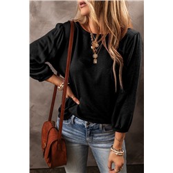 Black Solid Color 3/4 Sleeve Round Neck Blouse