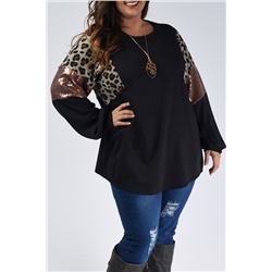 Black Leopard Sequin Patch Plus Size Long Sleeve Top