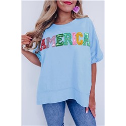 Mist Blue Sparkle America Pastel Embroidered Graphic T-shirt