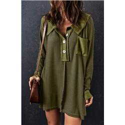 Green Waffle Knit Buttoned Long Sleeve Top