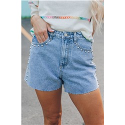 Sky Blue Stud Embellished High Waist Denim Shorts