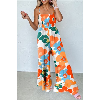 Orange Floral Spaghetti Straps Smocked Wide Leg Jumpsuit