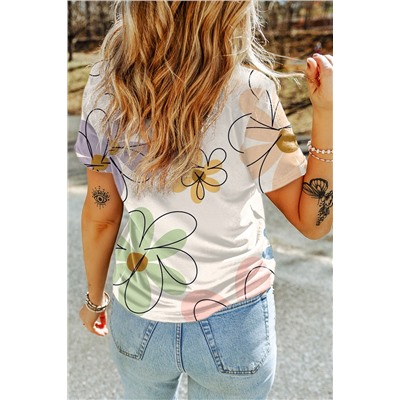 Beige Summer Flower Print Casual Round Neck T Shirt