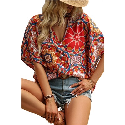 Red Floral Print Batwing Sleeve V Neck Blouse