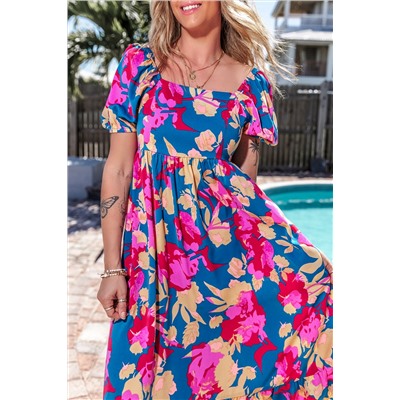 Dark Blue Square Neck Bubble Sleeve Ruffled Floral Dress