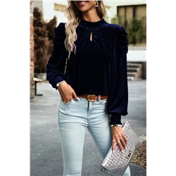 Navy Blue Mock Neck Puff Sleeve Velvet Blouse