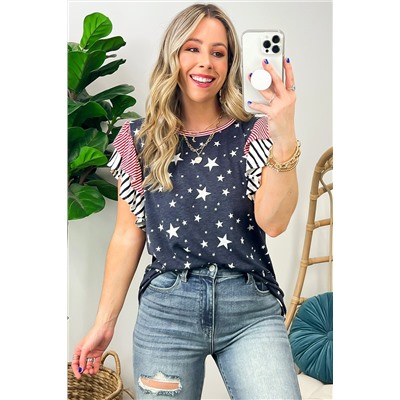 Gray Striped Ruffled Sleeve Star Print T Shirt