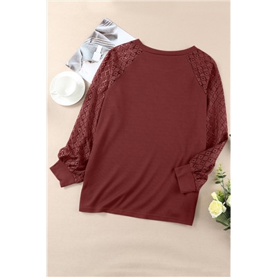 Red Plus Size Contrast Lace Sleeve Waffle Knit Top