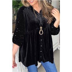 Black Sequin Puff Sleeve Buttoned Velvet Peplum Shirt