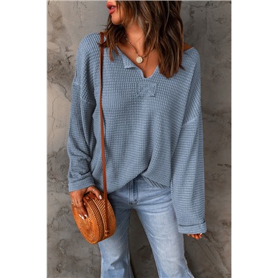 Dusk Blue Waffle Knit Loose Long Sleeve Top