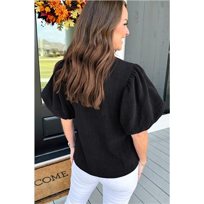 Black Solid Textured Puff Sleeve Mock Neck Blouse