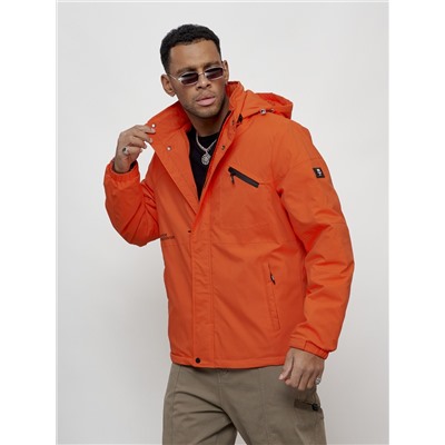 Куртка спортивная мужская весенняя с капюшоном оранжевого цвета 88021O