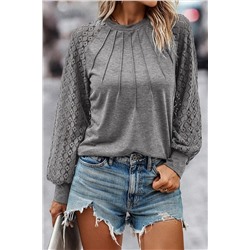 Gray Contrast Lace Raglan Sleeve Plicated Knit Top