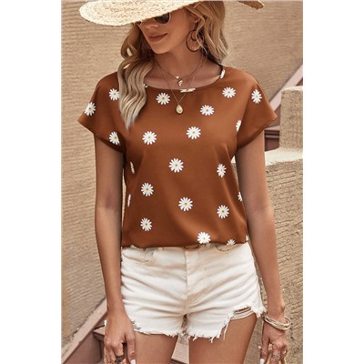 Chestnut Daisy Print Short Sleeve Top