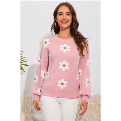 Pink Floral Pattern Drop Shoulder Sweater