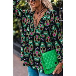 Black Sugar Skull Printed V Neck Babydoll Blouse