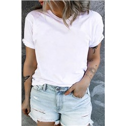 White Round Neck Rolled Sleeve Plus Size T-shirt