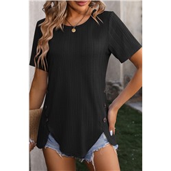 Black Button Slit Detail Fashion Textured T Shirt