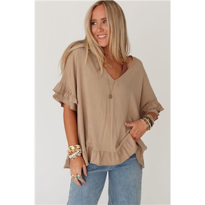 Light French Beige Loose Ruffled V Neck Blouse