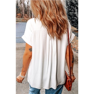 White Chest Pocket Buttoned Rolled Short Sleeve Shirt