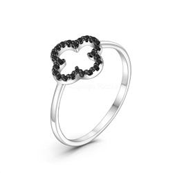 Кольцо из серебра с натуральной чёрной шпинелью родированное - Клевер, четырехлистник