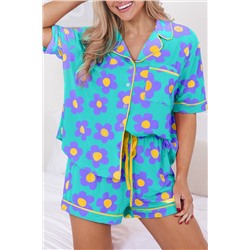 Green Flower Print Short Sleeve Shirt Pajamas Set