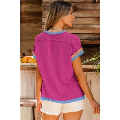 Bright Pink Textured Contrast Trim Round Neck T Shirt